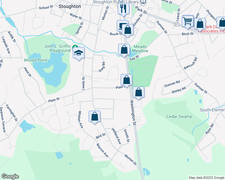map of restaurants, bars, coffee shops, grocery stores, and more near 68 Plain Street in Stoughton