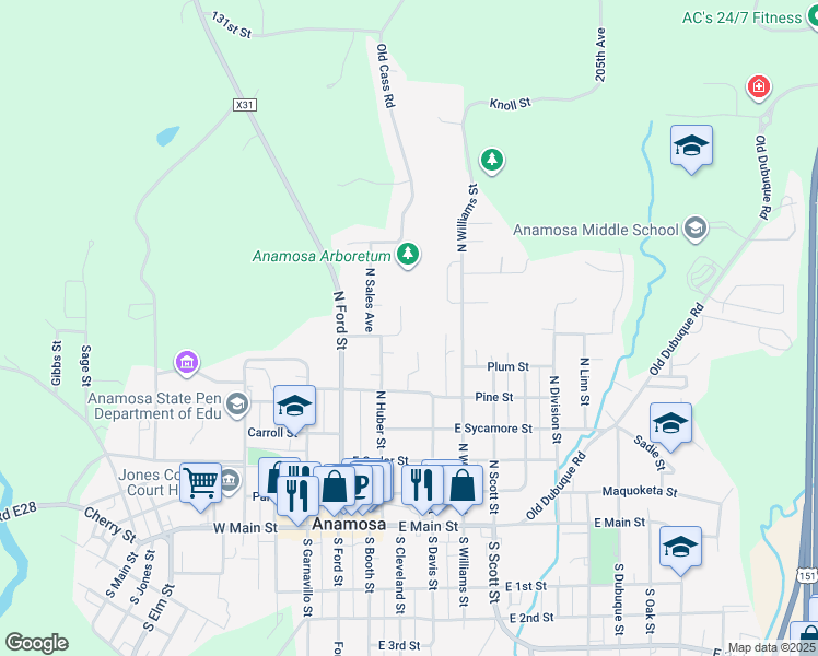 map of restaurants, bars, coffee shops, grocery stores, and more near 101 Holt Street in Anamosa