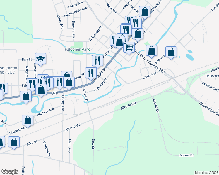 map of restaurants, bars, coffee shops, grocery stores, and more near 13 Lindsey Avenue in Falconer