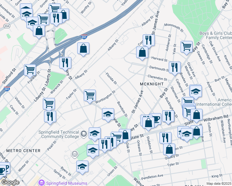 map of restaurants, bars, coffee shops, grocery stores, and more near 8 Bowdoin Street in Springfield