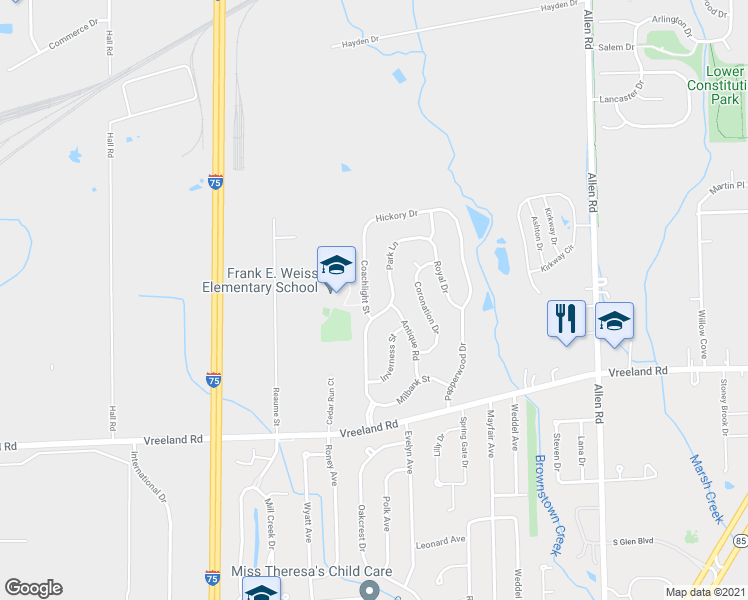 map of restaurants, bars, coffee shops, grocery stores, and more near 26791 Coachlight Street in Trenton