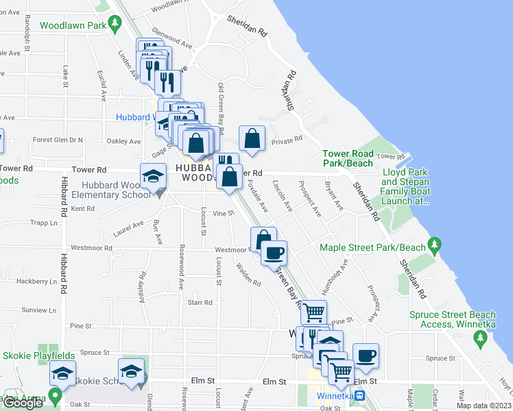 map of restaurants, bars, coffee shops, grocery stores, and more near 832 Foxdale Avenue in Winnetka