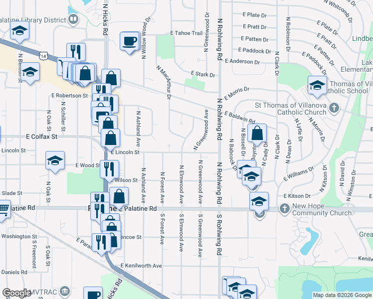 map of restaurants, bars, coffee shops, grocery stores, and more near 648 East Lincoln Street in Palatine
