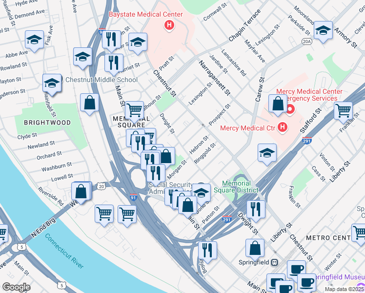 map of restaurants, bars, coffee shops, grocery stores, and more near in Springfield