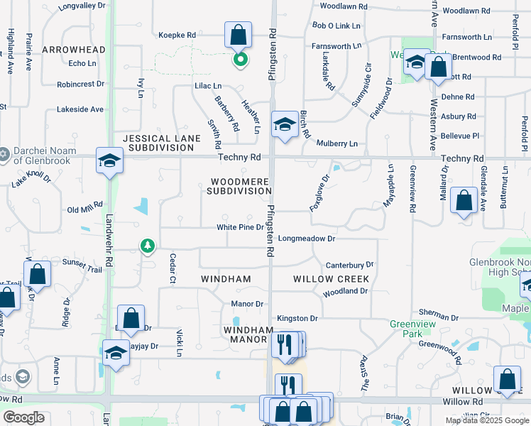 map of restaurants, bars, coffee shops, grocery stores, and more near 2148 Pfingsten Road in Northbrook