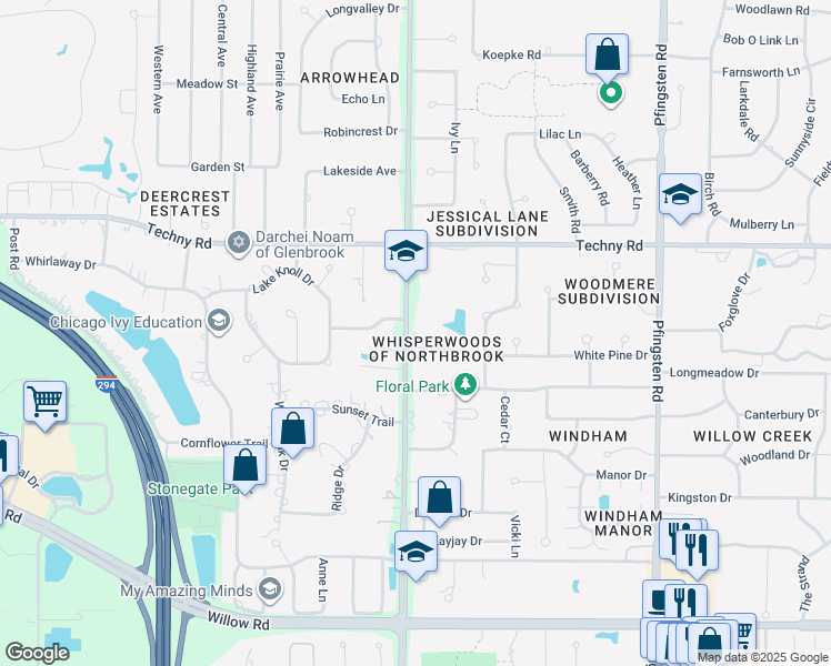 map of restaurants, bars, coffee shops, grocery stores, and more near 3154 Whisperwoods Court in Northbrook