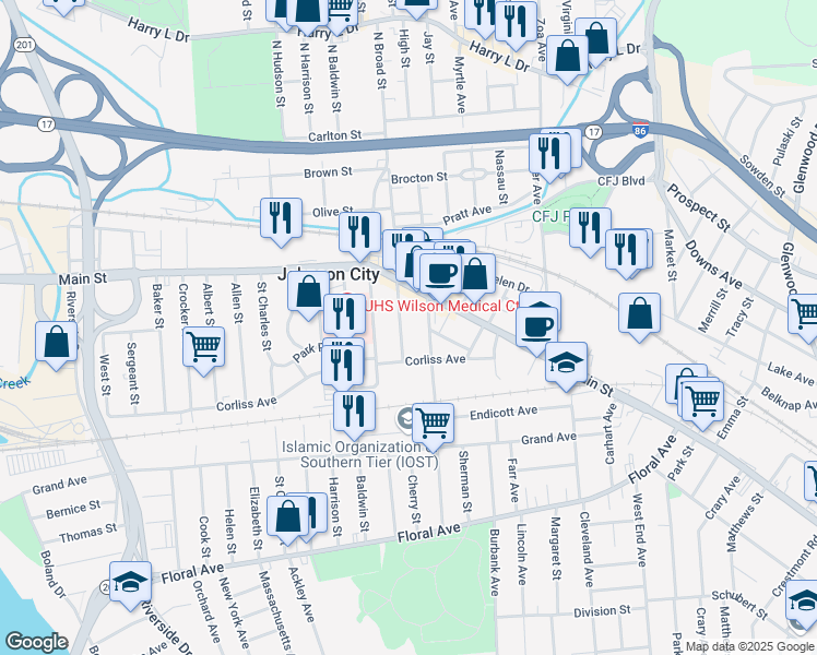 map of restaurants, bars, coffee shops, grocery stores, and more near 43 Broad Street in Johnson City