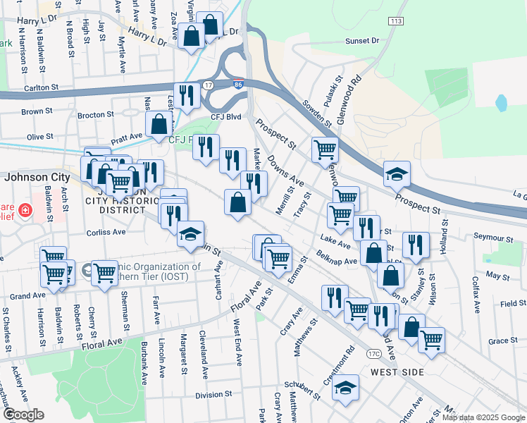 map of restaurants, bars, coffee shops, grocery stores, and more near 65 Lake Avenue in Binghamton