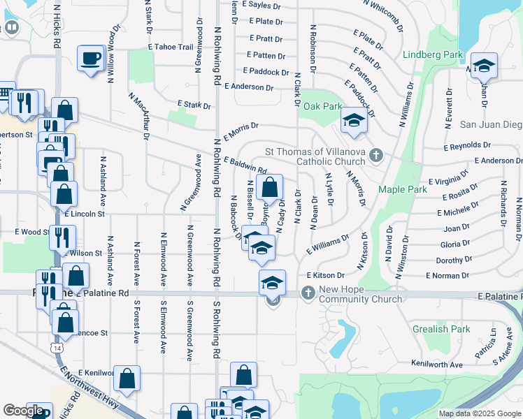 map of restaurants, bars, coffee shops, grocery stores, and more near 208 North Boynton Drive in Palatine