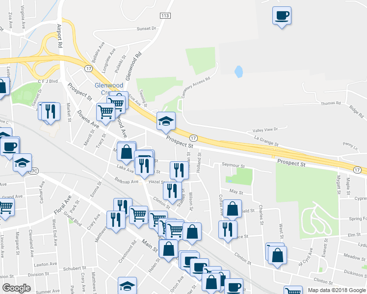 map of restaurants, bars, coffee shops, grocery stores, and more near 269 Prospect Street in Binghamton
