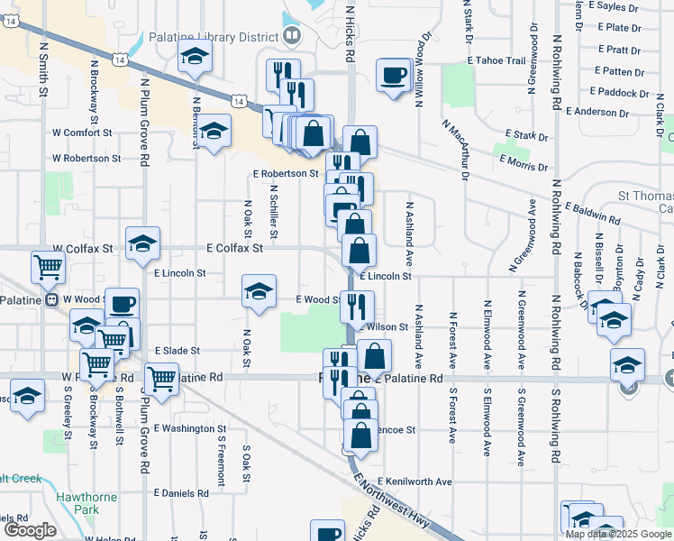 map of restaurants, bars, coffee shops, grocery stores, and more near 161 North Schubert Street in Palatine