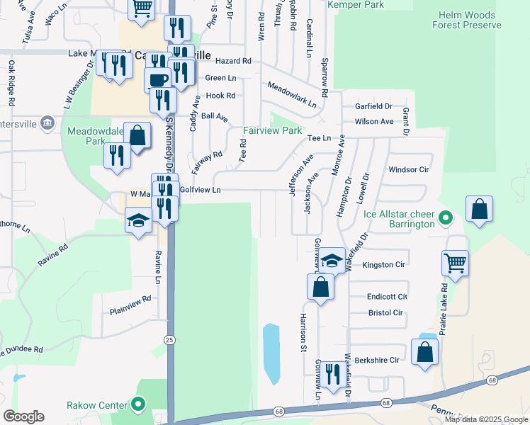 map of restaurants, bars, coffee shops, grocery stores, and more near 409 Hoover Drive in Carpentersville