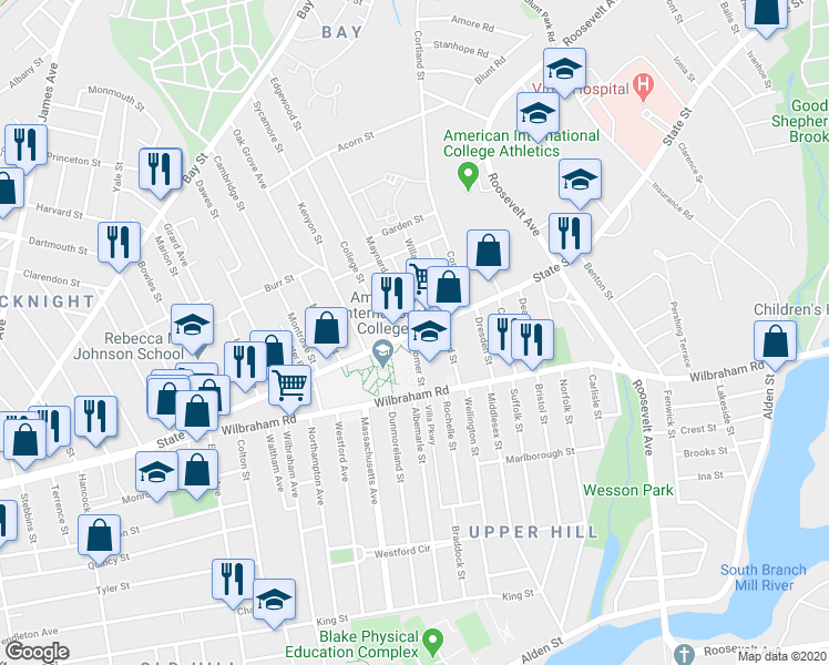 map of restaurants, bars, coffee shops, grocery stores, and more near 2 Maynard Street in Springfield