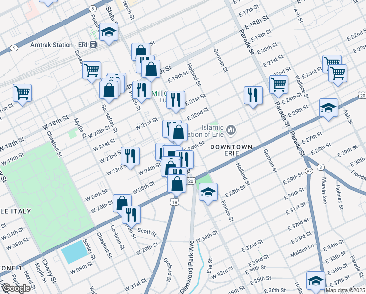 map of restaurants, bars, coffee shops, grocery stores, and more near 2317 State St in Erie
