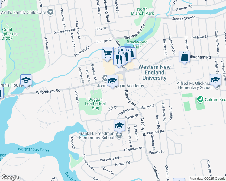 map of restaurants, bars, coffee shops, grocery stores, and more near 1015 Wilbraham Road in Springfield