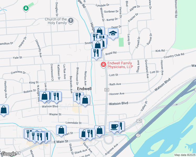 map of restaurants, bars, coffee shops, grocery stores, and more near 326 Doyleson Avenue in Endicott