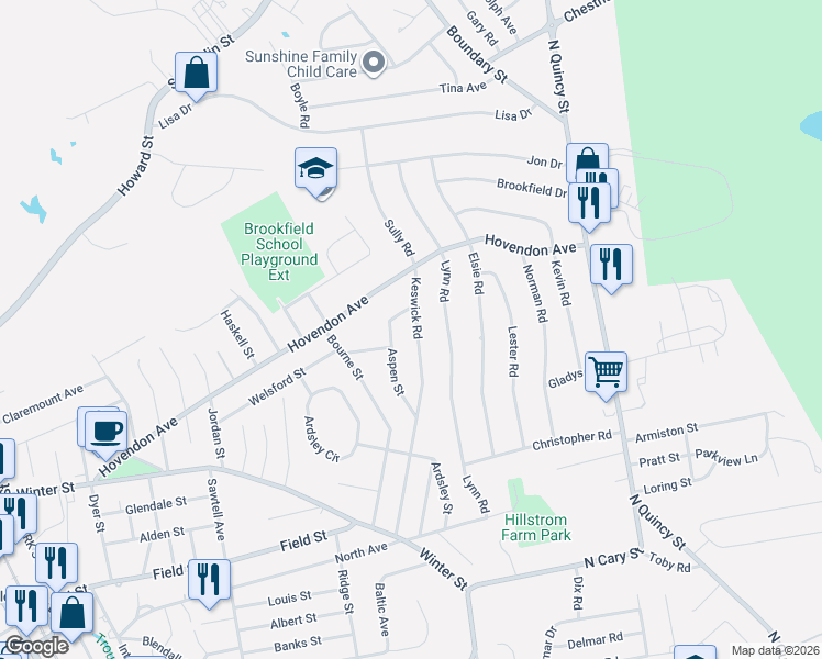 map of restaurants, bars, coffee shops, grocery stores, and more near 180 Keswick Road in Brockton