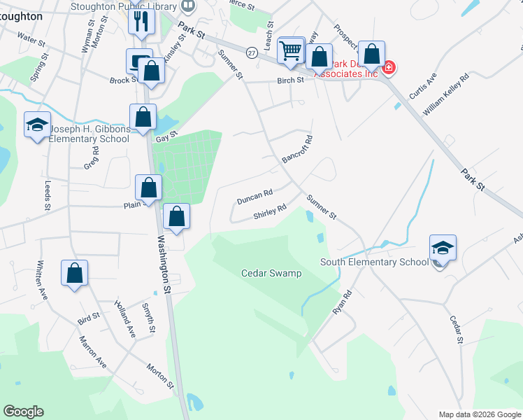 map of restaurants, bars, coffee shops, grocery stores, and more near 77 Shirley Rd in Stoughton