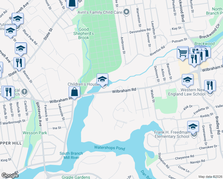 map of restaurants, bars, coffee shops, grocery stores, and more near 750 Wilbraham Road in Springfield