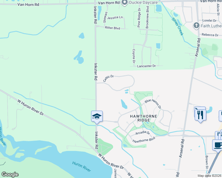 map of restaurants, bars, coffee shops, grocery stores, and more near 27267 Celtic Drive in Flat Rock