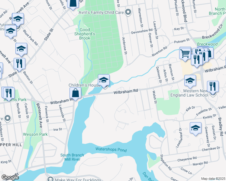 map of restaurants, bars, coffee shops, grocery stores, and more near 750 Wilbraham Road in Springfield