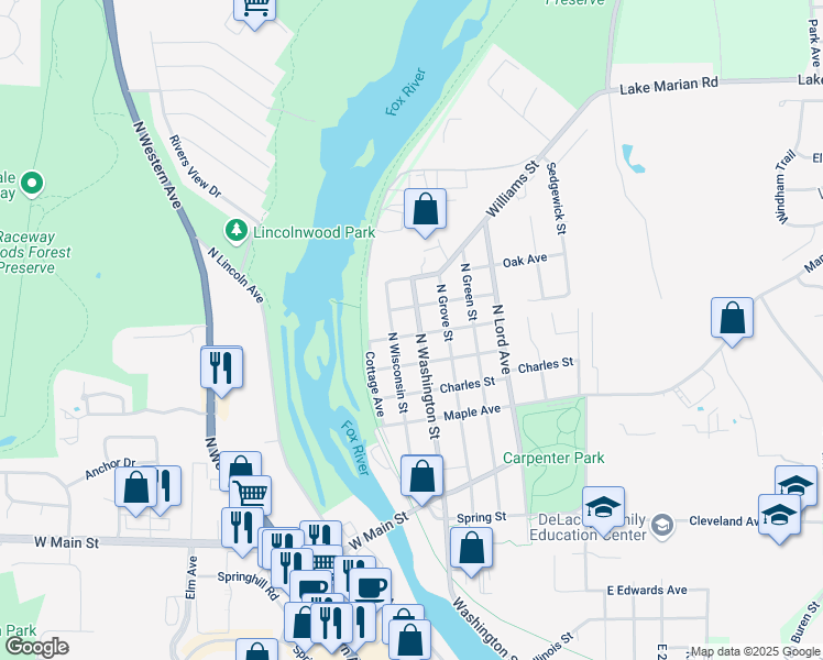 map of restaurants, bars, coffee shops, grocery stores, and more near 227 North Washington Street in Carpentersville