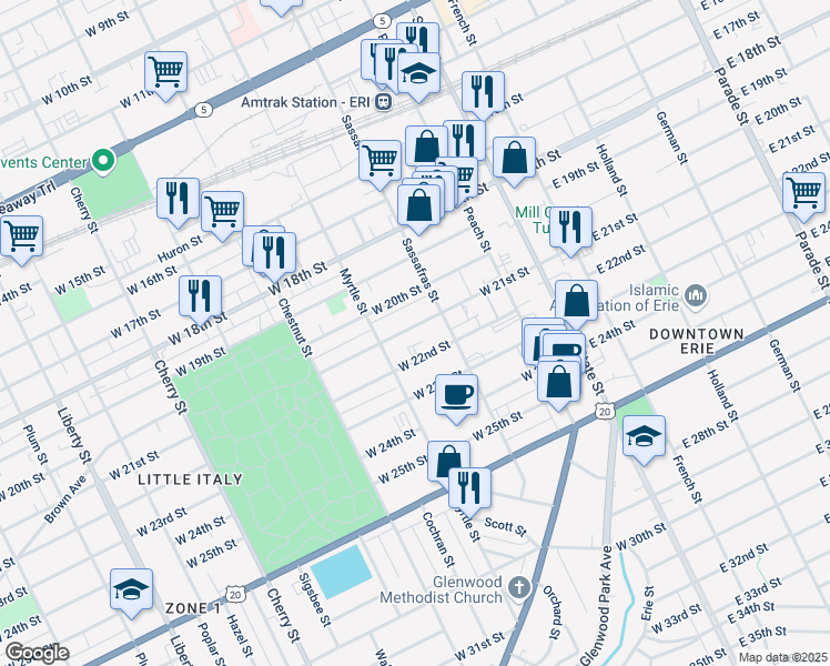 map of restaurants, bars, coffee shops, grocery stores, and more near 231 West 21st Street in Erie