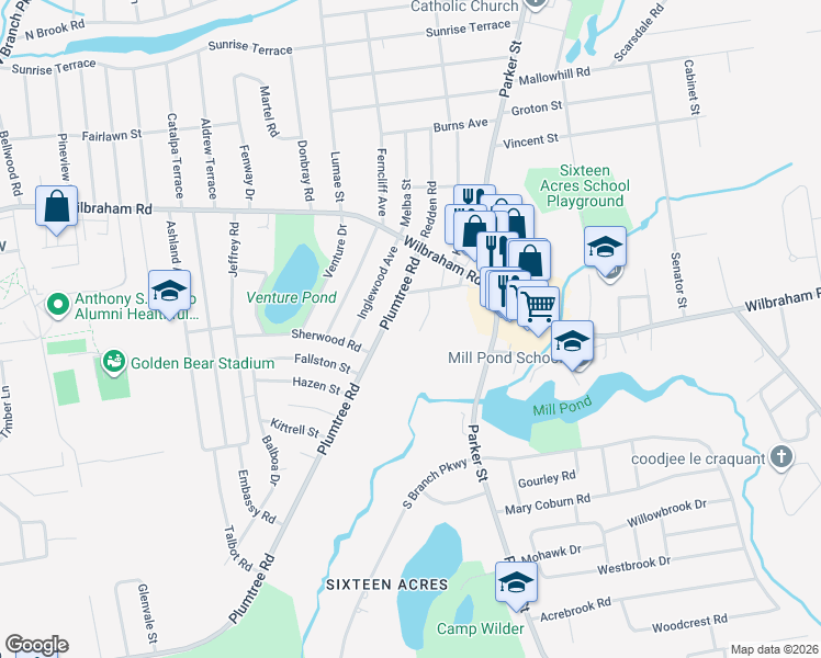 map of restaurants, bars, coffee shops, grocery stores, and more near 1553 Plumtree Road in Springfield