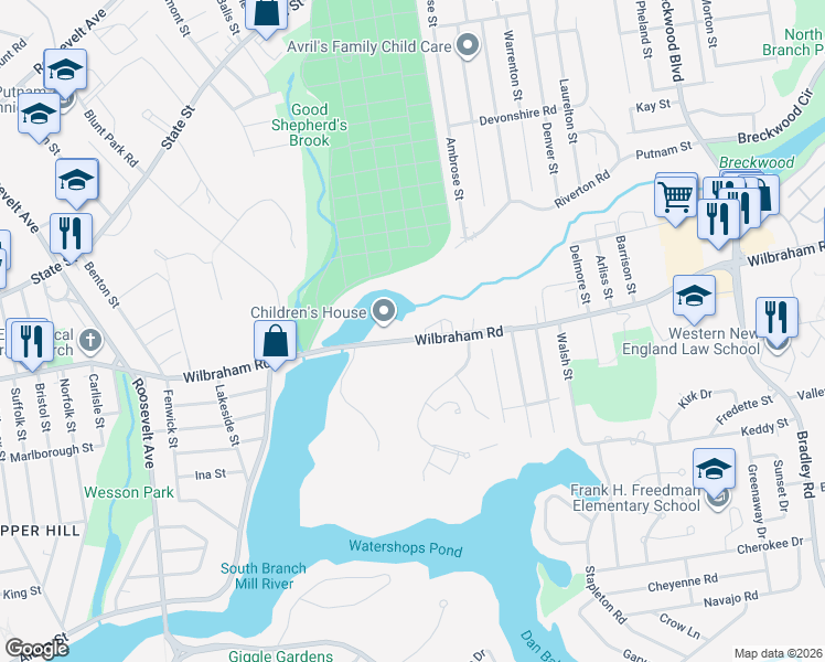 map of restaurants, bars, coffee shops, grocery stores, and more near 750 Wilbraham Road in Springfield
