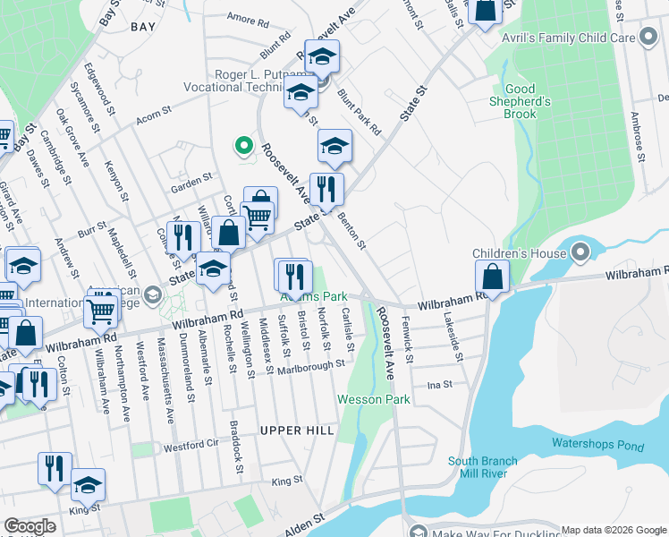 map of restaurants, bars, coffee shops, grocery stores, and more near 1090 Roosevelt Avenue in Springfield