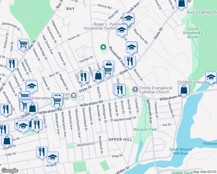 map of restaurants, bars, coffee shops, grocery stores, and more near 24 Dresden Street in Springfield