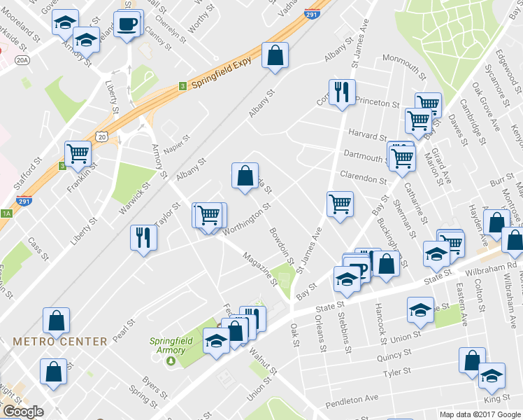 map of restaurants, bars, coffee shops, grocery stores, and more near 8 Bowdoin Street in Springfield