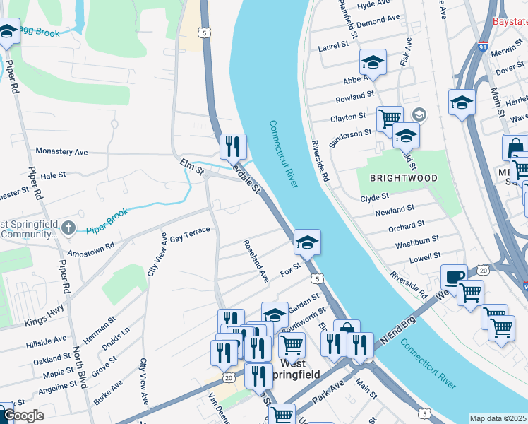 map of restaurants, bars, coffee shops, grocery stores, and more near 57 Witch Path in West Springfield