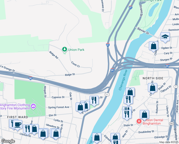 map of restaurants, bars, coffee shops, grocery stores, and more near 3 Conti Ct in Binghamton