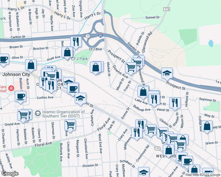 map of restaurants, bars, coffee shops, grocery stores, and more near 65 Lake Avenue in Binghamton