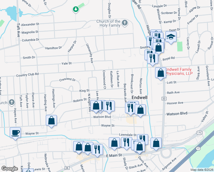 map of restaurants, bars, coffee shops, grocery stores, and more near 3111 King St in Endicott