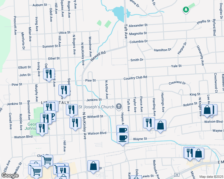 map of restaurants, bars, coffee shops, grocery stores, and more near 317 North Jackson Avenue in Endicott