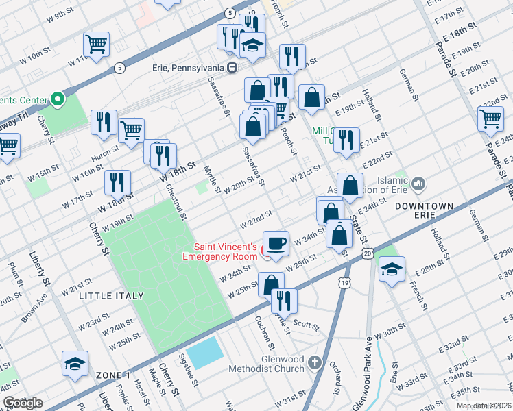 map of restaurants, bars, coffee shops, grocery stores, and more near 215 17 W 21 Street in Erie