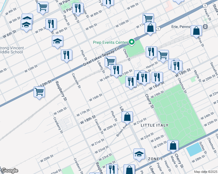 map of restaurants, bars, coffee shops, grocery stores, and more near 1522 Liberty Street in Erie