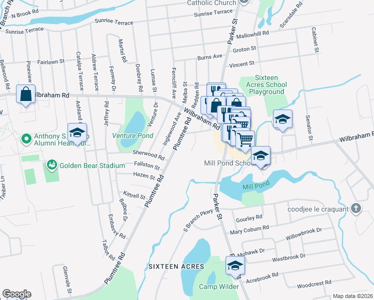 map of restaurants, bars, coffee shops, grocery stores, and more near 1553 Plumtree Road in Springfield