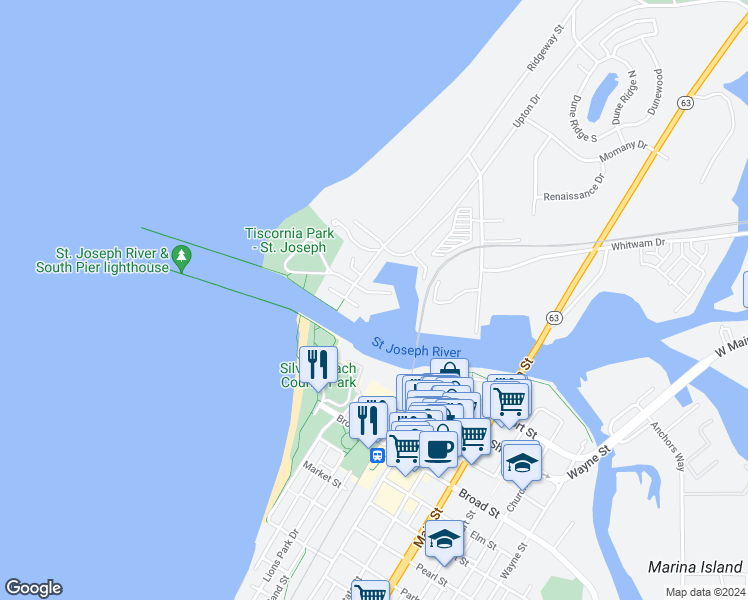 map of restaurants, bars, coffee shops, grocery stores, and more near 128 North Pier Street in St. Joseph