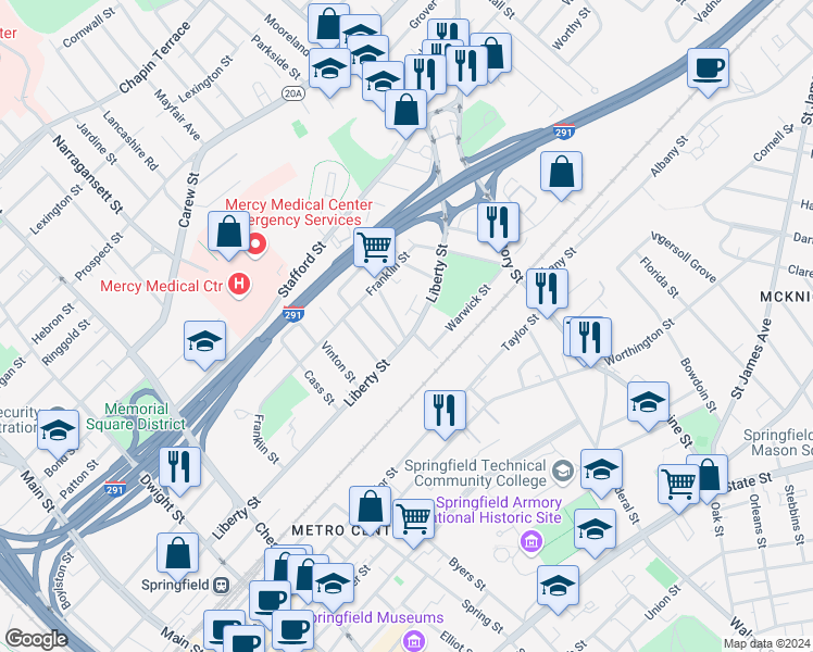 map of restaurants, bars, coffee shops, grocery stores, and more near 396 Liberty Street in Springfield
