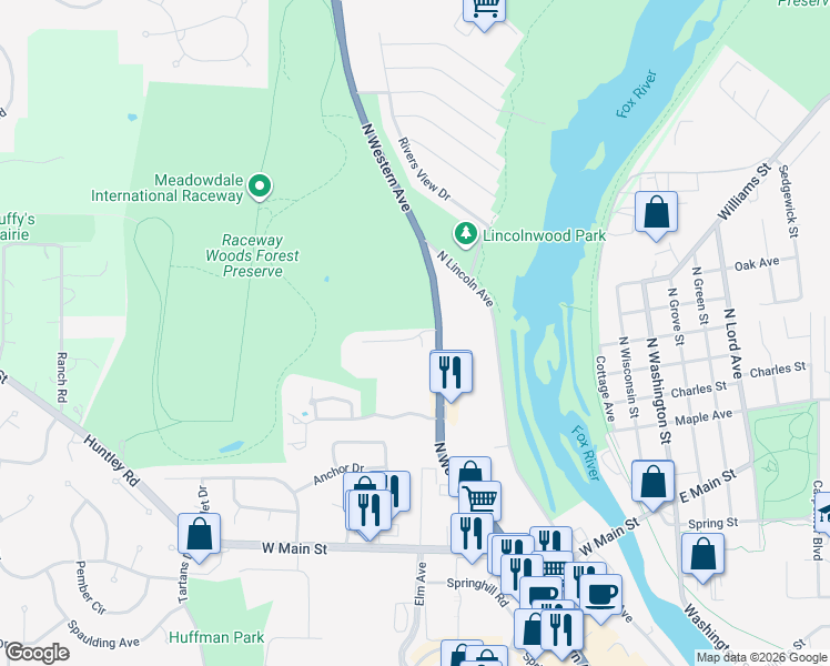 map of restaurants, bars, coffee shops, grocery stores, and more near 308 River Bluff Drive in Carpentersville