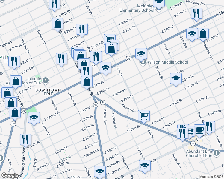 map of restaurants, bars, coffee shops, grocery stores, and more near 507 09 E 28 Street in Erie