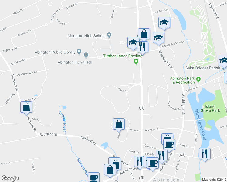 map of restaurants, bars, coffee shops, grocery stores, and more near 418 Thayer Street in Abington