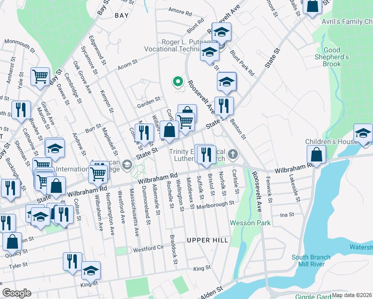map of restaurants, bars, coffee shops, grocery stores, and more near 24 Dresden Street in Springfield