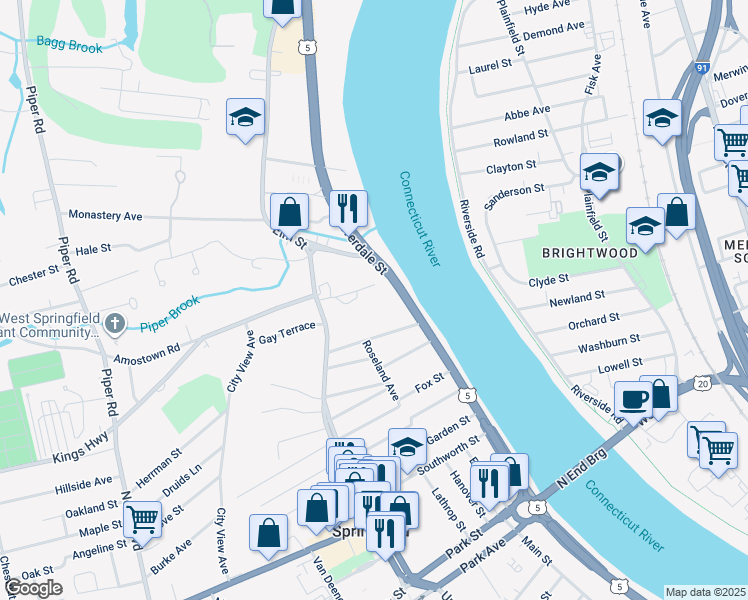 map of restaurants, bars, coffee shops, grocery stores, and more near 57 Witch Path in West Springfield