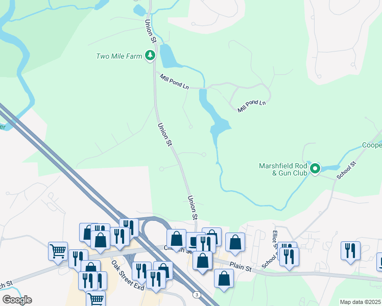 map of restaurants, bars, coffee shops, grocery stores, and more near 61 Chowdermarch Street in Marshfield