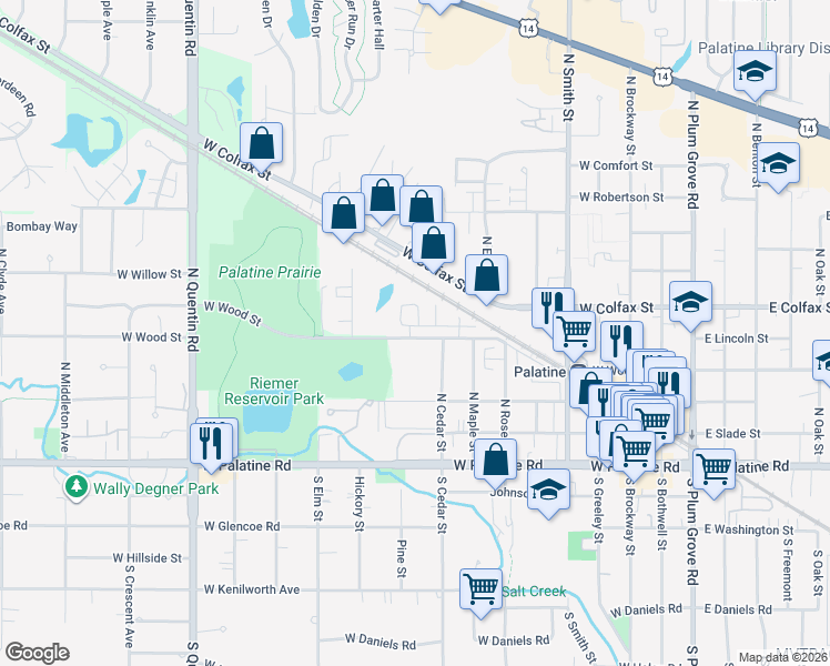 map of restaurants, bars, coffee shops, grocery stores, and more near 432 West Wood Street in Palatine