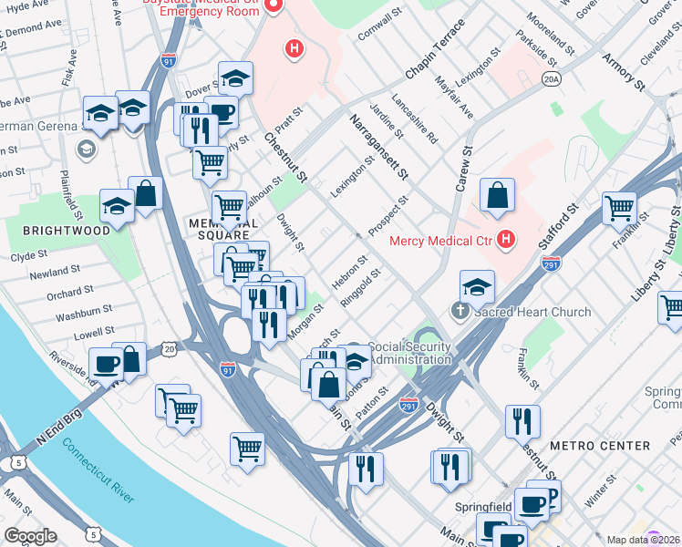 map of restaurants, bars, coffee shops, grocery stores, and more near 33 Hebron Street in Springfield